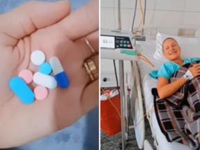 Montagem de fotos com remédios e jovem que fingiu câncer deitada em cama de hospital