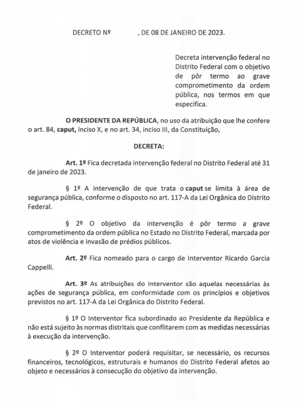 Parte do decreto que autoriza intervenção federal no DF