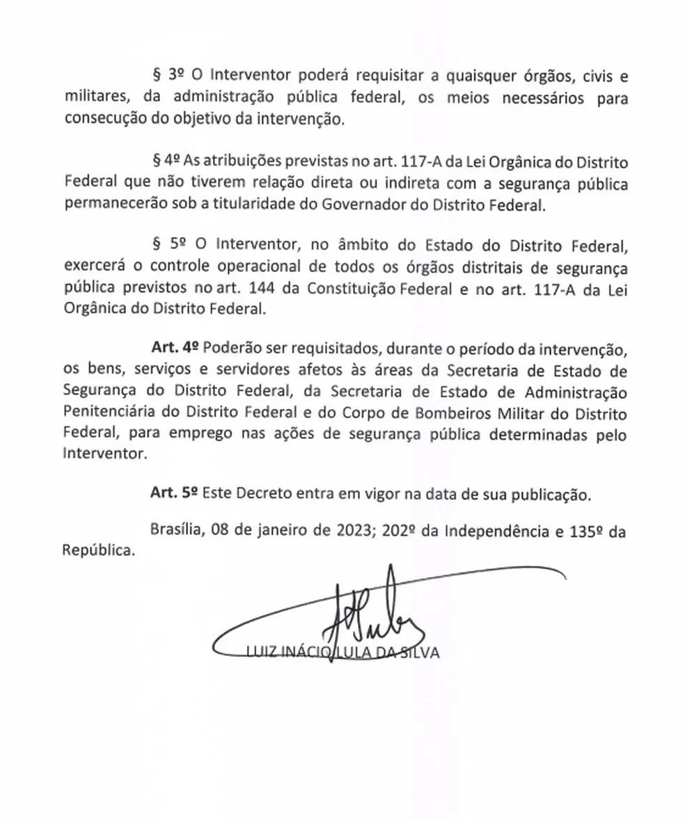 Segunda parte do decreto que autoriza a intervenção federal no DF