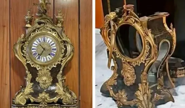 Antes e depois mostra relógio histórico danificado.