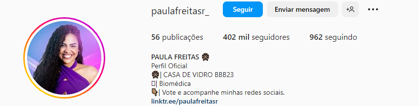 Print do perfil no Instagram de Paula, participante da Casa de Vidro do BBB 23