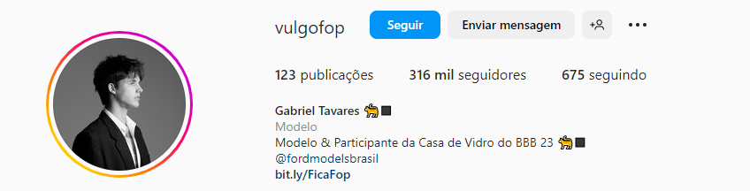 Print do perfil no Instagram do  Gabriel, participante da Casa de Vidro do BBB 23