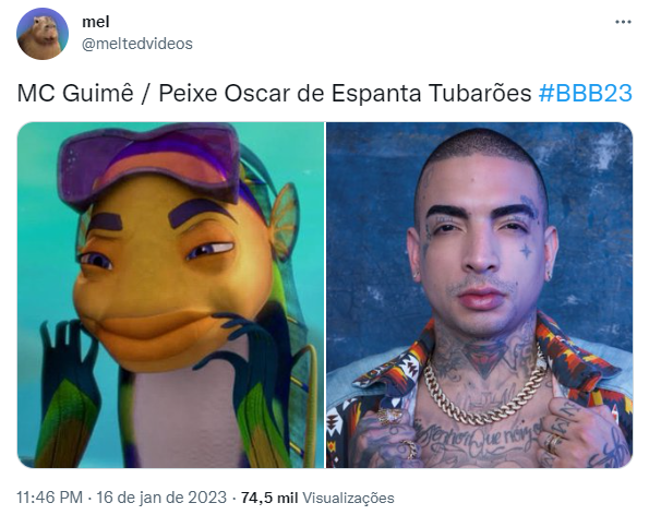 Montagem compara suposta semelhanças entre MC Guimê e Oscar, do filme O espanta tubarão