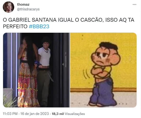 Roupa de Gabriel é comparada a look de Cascão, da 