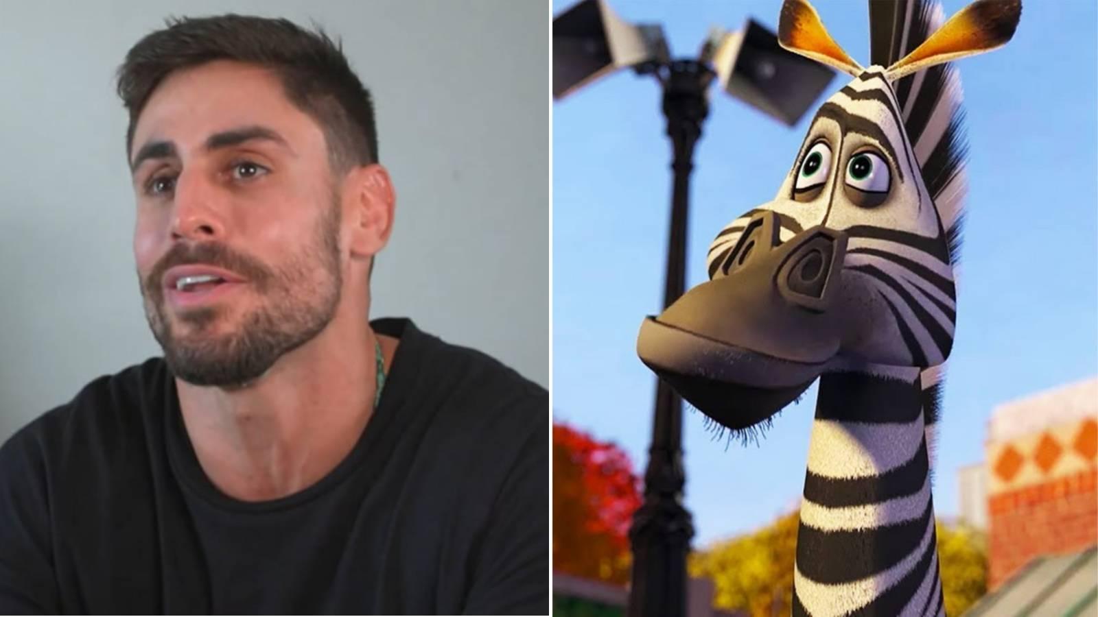 Montagem compara semelhanças entre lutador Cara de Sapato, participante do BBB 23, a Marty, a zebra de Madagascar