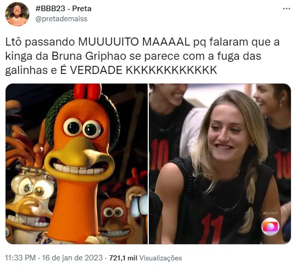 Montagem compara semelhanças entre Bruna Griphao e Giger, de Fuga das galinhas