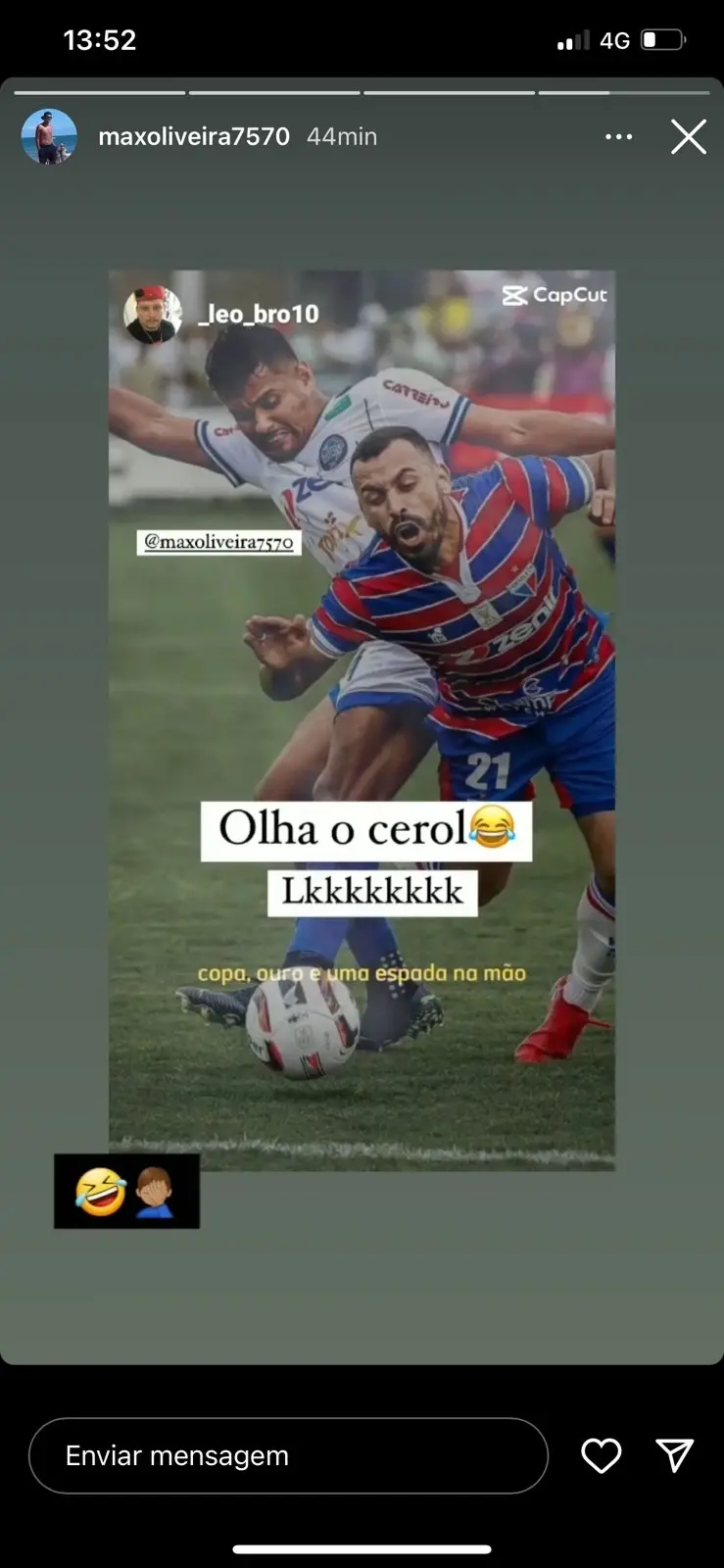 Imagem do duelo repostado nos stories pelo zagueiro