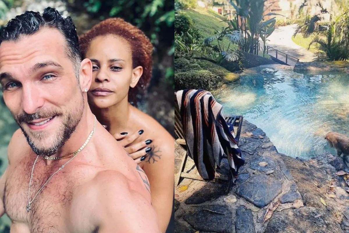 Aline Wirley e esposo em casa com piscina natural