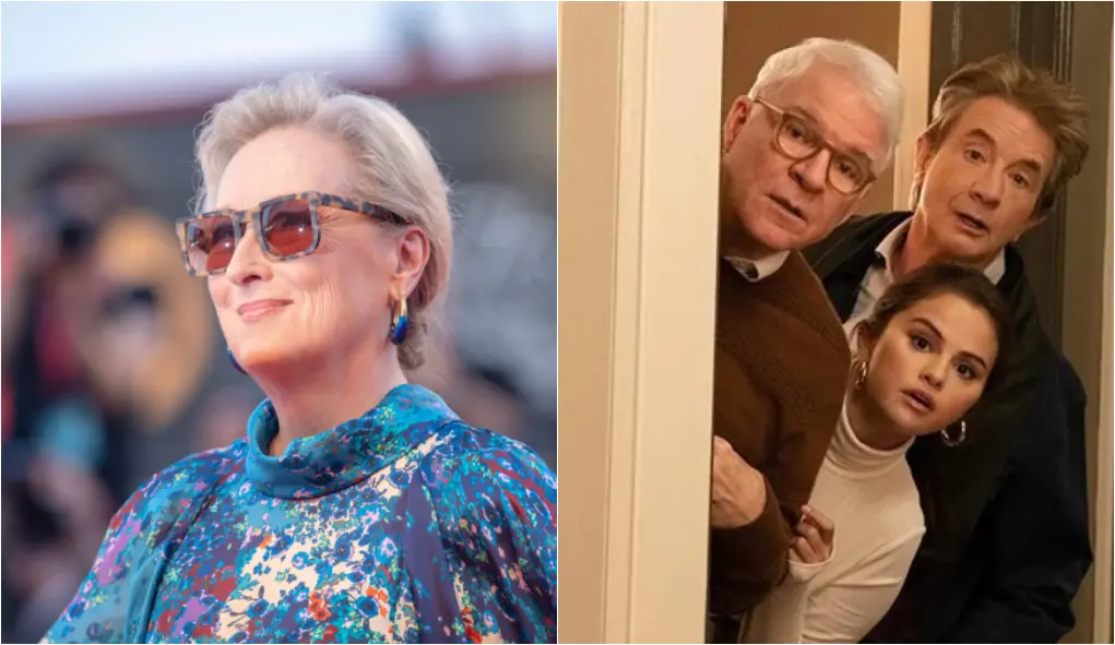 Montagem de fotos mostra Meryl Streep à esquerda e o trio da série à direita