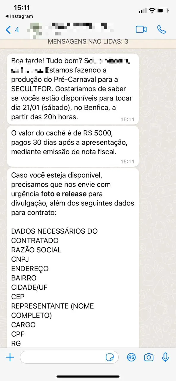 Produtora entrou em contato com artistas para fazer uma contratação independente do edital por valor divergente