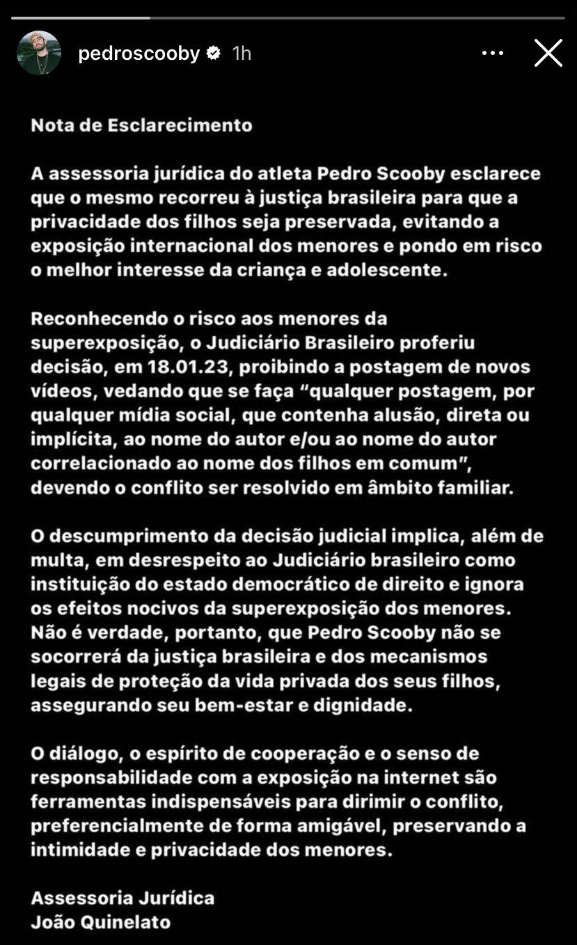 Nota publicada nos Stories de Scooby no Instagram