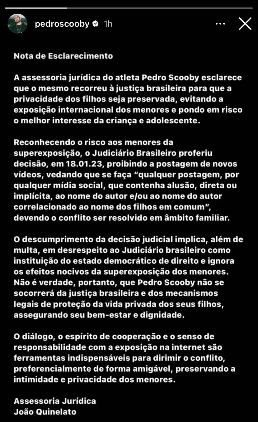 A nota foi publicada nos 'Stories' do Instagram de Pedro Scooby.
