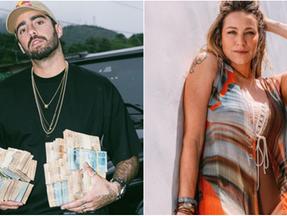 Montagem de fotos mostra Pedro Scooby à esquerda segurando duas pilhas de dinheiro e Luana Piovani à direita com uma mão no cabelo