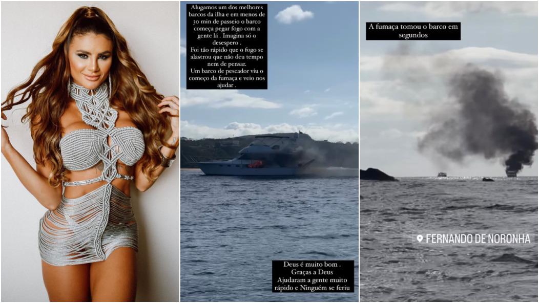 montagem com foto de Natacha Horana e dois stories da lancha pegando fogo