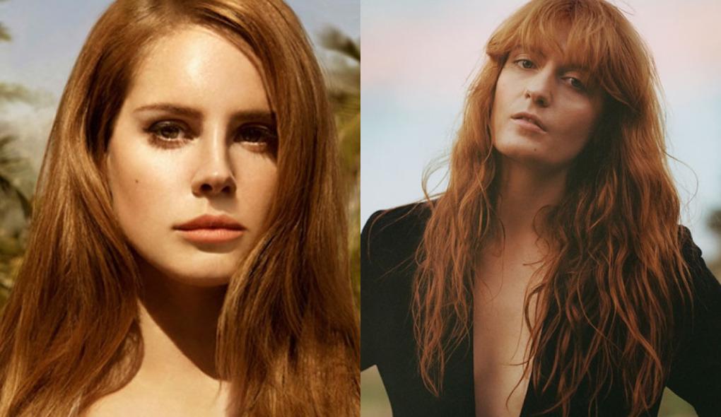 Montagem de fotos das cantoras Lana del Rey e Florence The Machine. Ambas são mulheres brancas e de longos cabelos ruivos