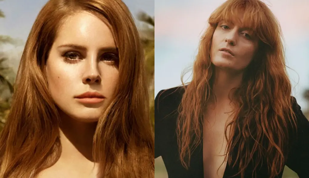 Montagem de fotos das cantoras Lana del Rey e Florence The Machine. Ambas são mulheres brancas e de longos cabelos ruivos