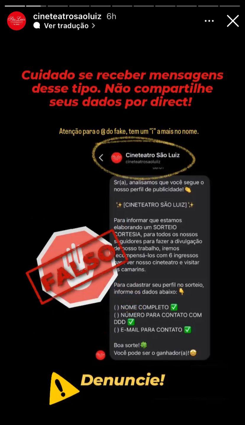 Storie do Cineteatro São Luiz denuncia perfil falso