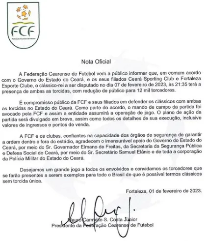 A Federação Cearense de Futebol (FCF) publicou nota oficial sobre o público no Clássico-Rei