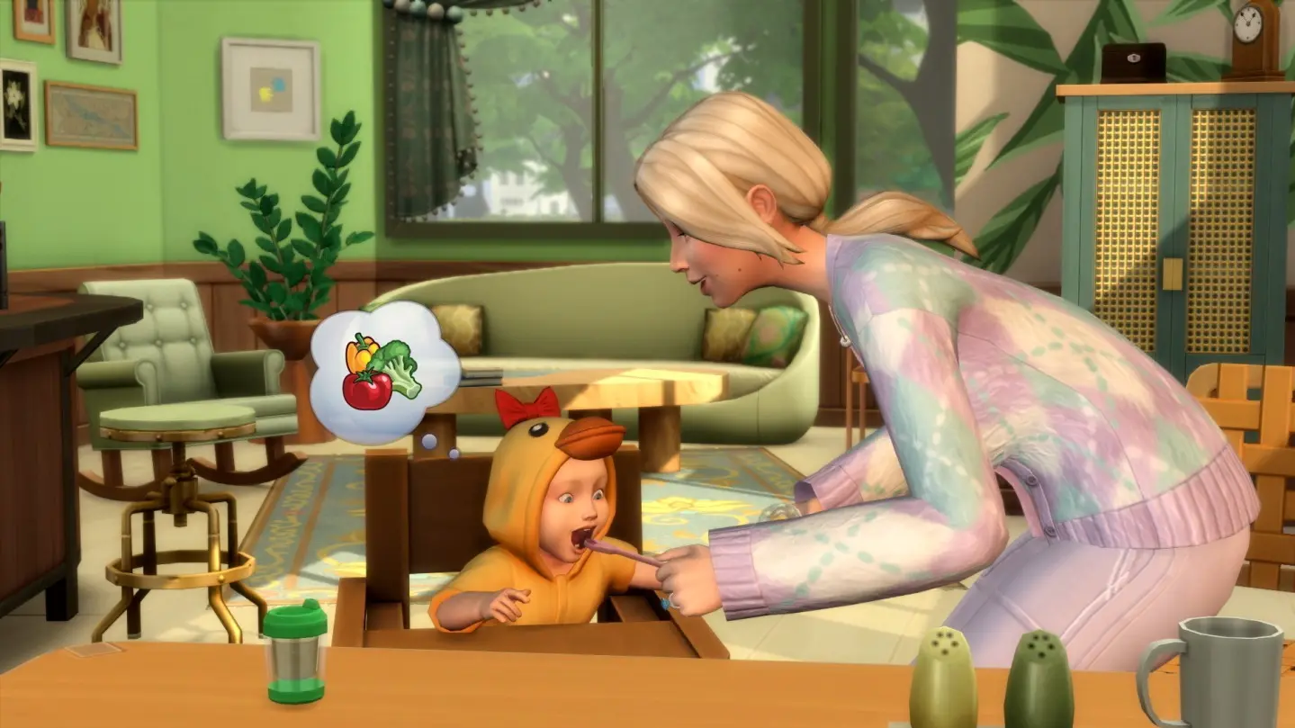 Sim mãe dá comida para Sim bebê