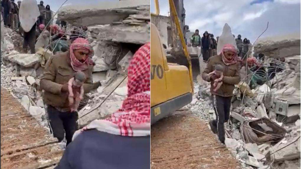 Recém-nascida sendo resgatada de escombros após terremoto na Síria