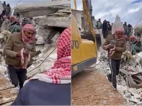 Recém-nascida sendo resgatada de escombros após terremoto na Síria