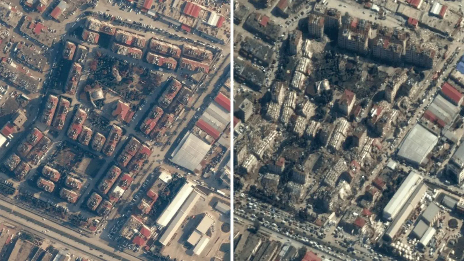 Esta combinação de fotos criada em 08 de fevereiro de 2023 mostra (esquerda) uma imagem de satélite de cortesia da Maxar Technologies mostrando uma visão geral de Antakya, Turquia, em 22 de dezembro de 2022, antes de um terremoto de magnitude 7,8 que atingiu a região em 6 de fevereiro de 2023 e (direita) uma imagem de satélite de cortesia de Maxar Technologies mostra prédios desabados em Antakya, Turquia, em 8 de fevereiro de 2023, após um terremoto de magnitude 7,8 que atingiu a região em 6 de fevereiro de 2023.