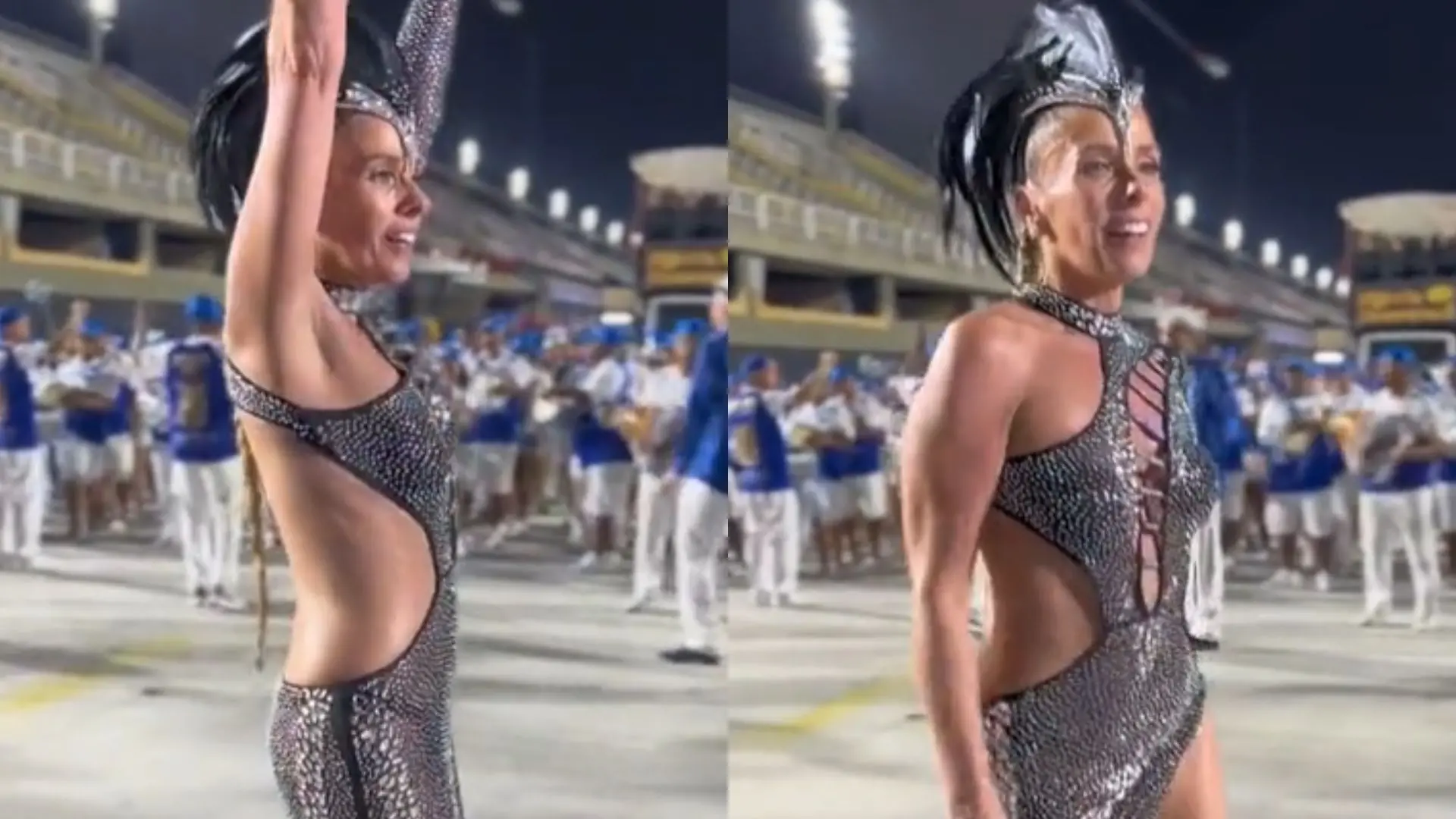 Adriane Galisteu sambando em ensaio de carnaval da Portela na Marquês de Sapucaí