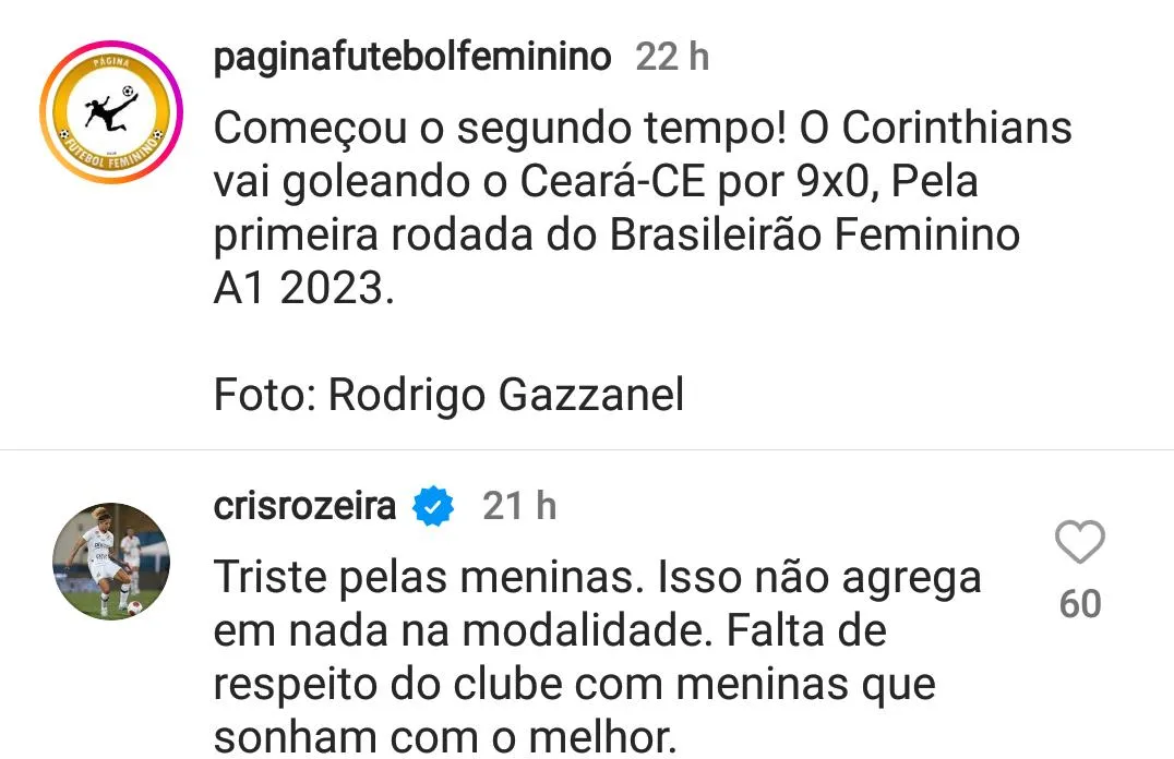 Cristiane lamentou situação das Alvinegras.