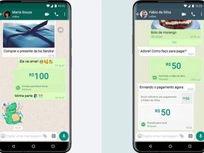 Imagem mostra tela de dois celulares que demostram a funcionalidade do recurso do WhatsApp Pay