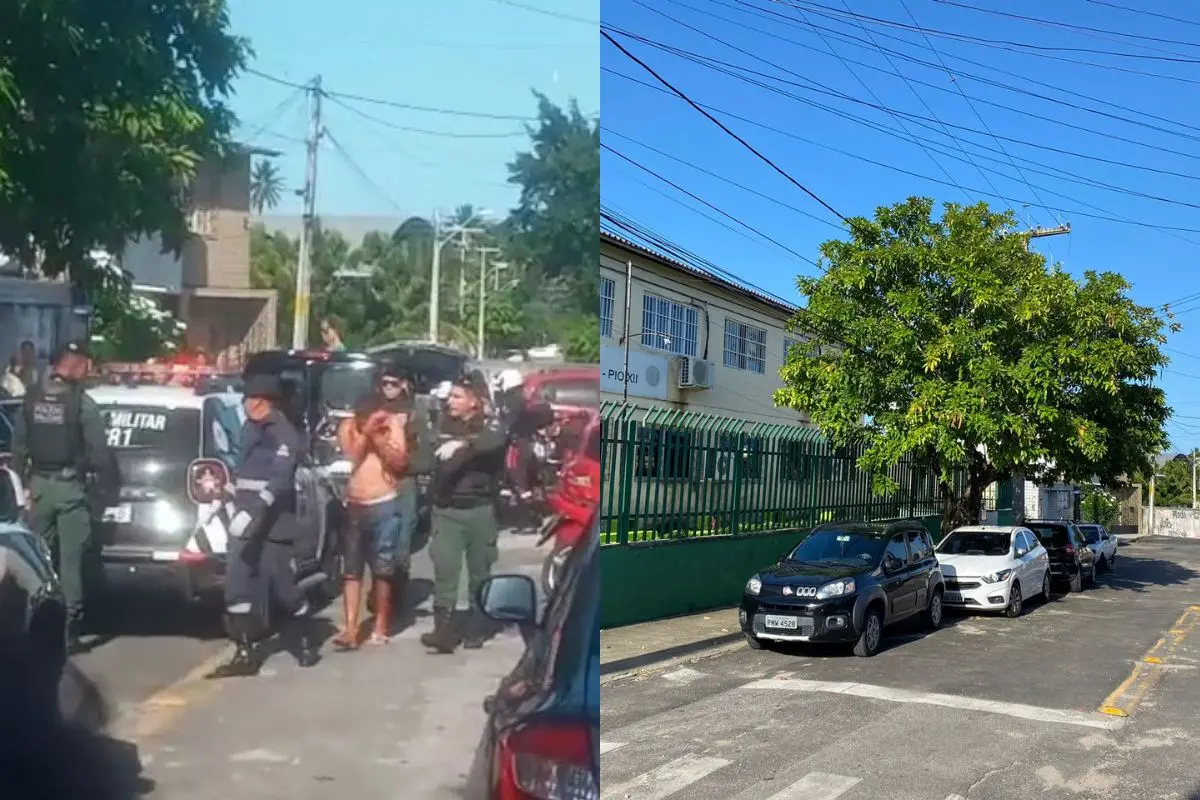 Suspeito de roubo sendo preso em rua de escola
