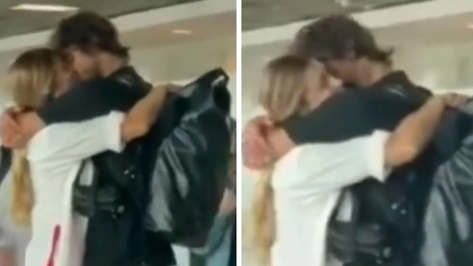 Grazi Massafera e Marlon Teixeira se beijam em aeroporto