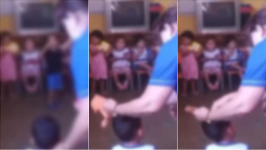 Prints do vídeo em que uma professora dá um tapa na cabeça de uma criança na creche