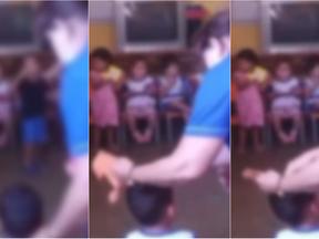 Prints do vídeo em que uma professora dá um tapa na cabeça de uma criança na creche