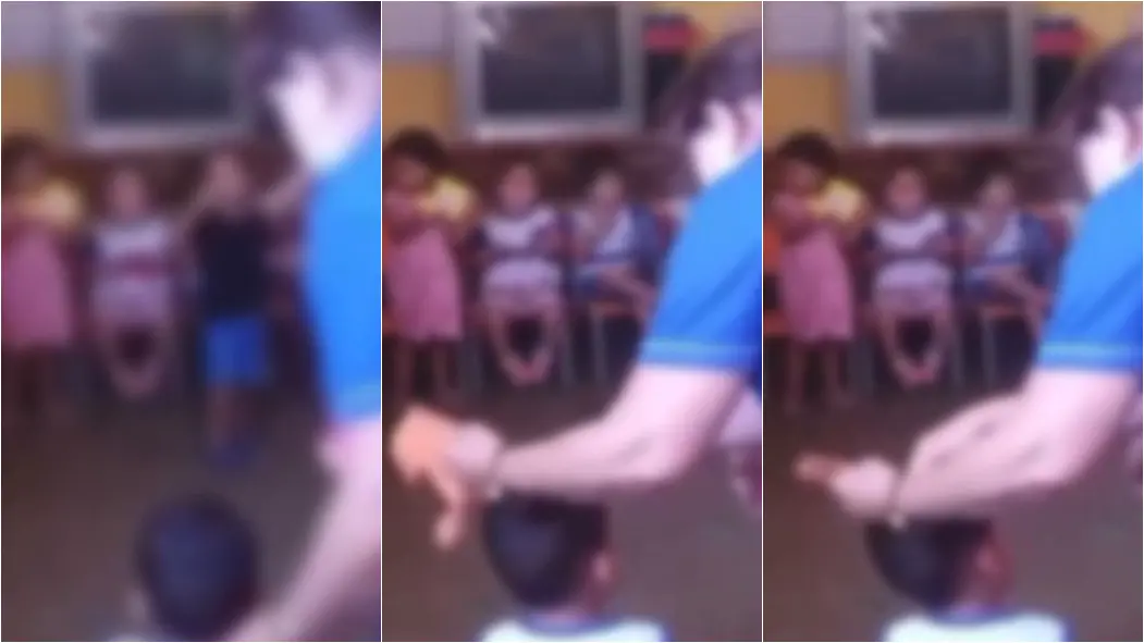 Prints do vídeo em que uma professora dá um tapa na cabeça de uma criança na creche
