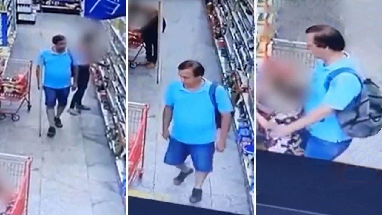 Montagem mostra prints de vídeo em que homem aparece importunando sexualmente de criança de 9 anos em supermercado de Congonhas, Minas Gerais, em 12 de março de 2023