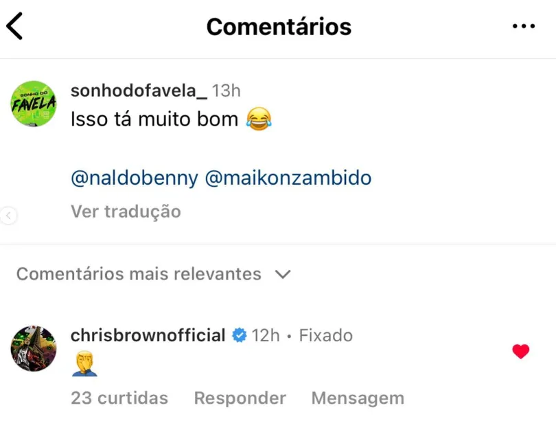 Chris Brown comenta em publicação sobre Naldo Benny, no Instagram