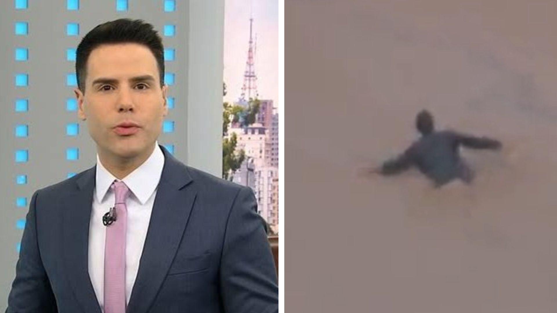 Apresentador do 'Cidade Alerta', Luiz Bacci, se desespera ao ver homem sendo arrastado por correnteza de águas da chuva em São Paulo