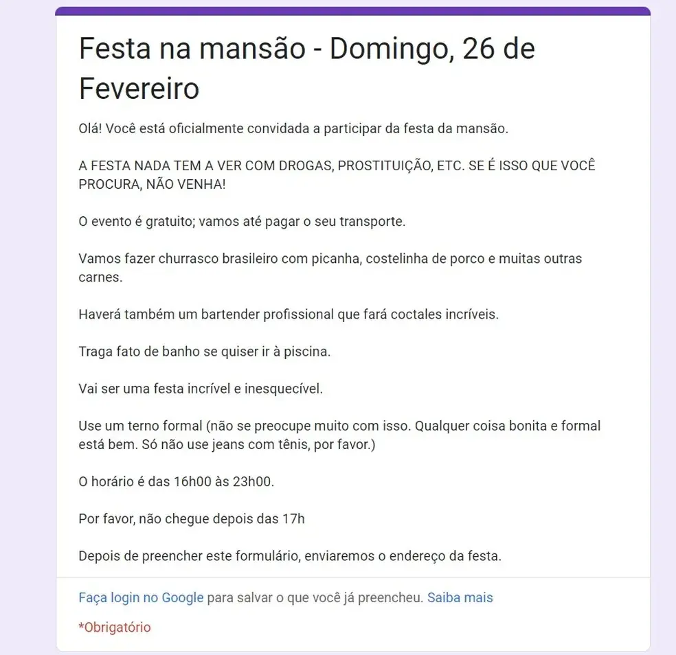 Convite enviado para cadastro para participação em festa em mansão de SP