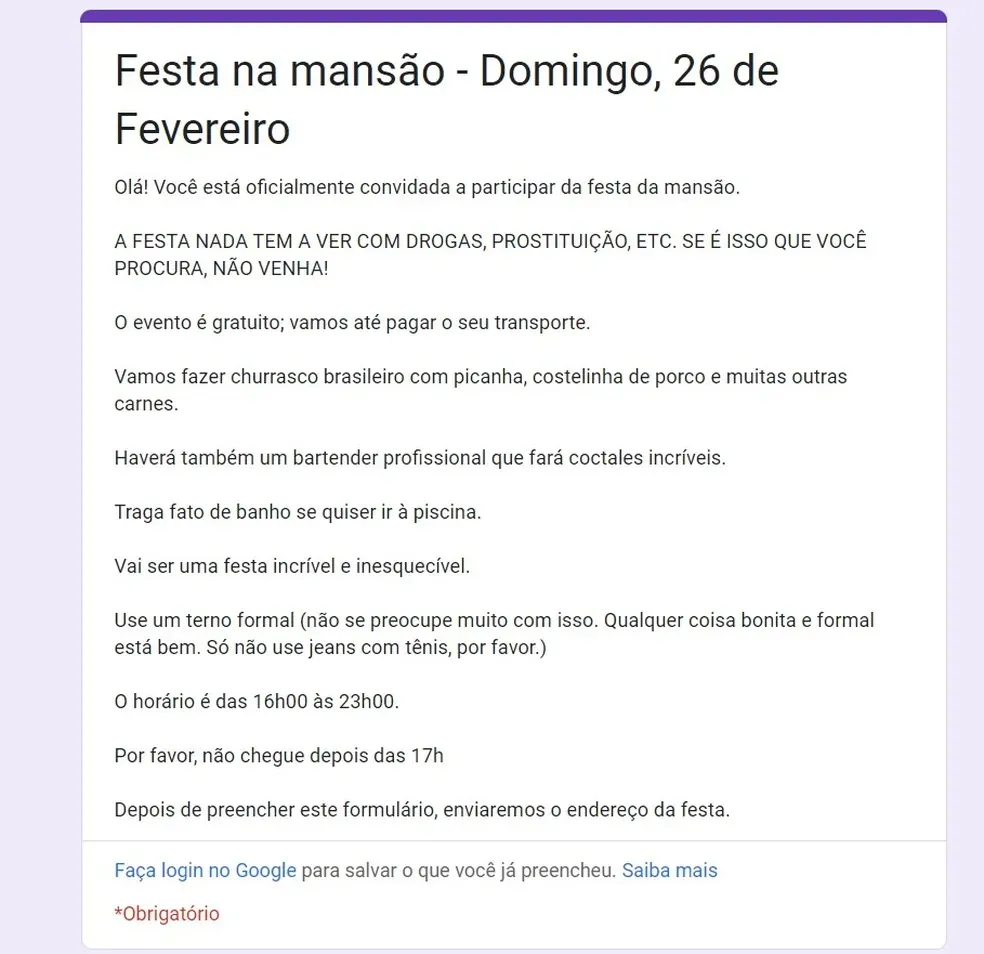 Convite enviado para cadastro para participação em festa em mansão de SP.