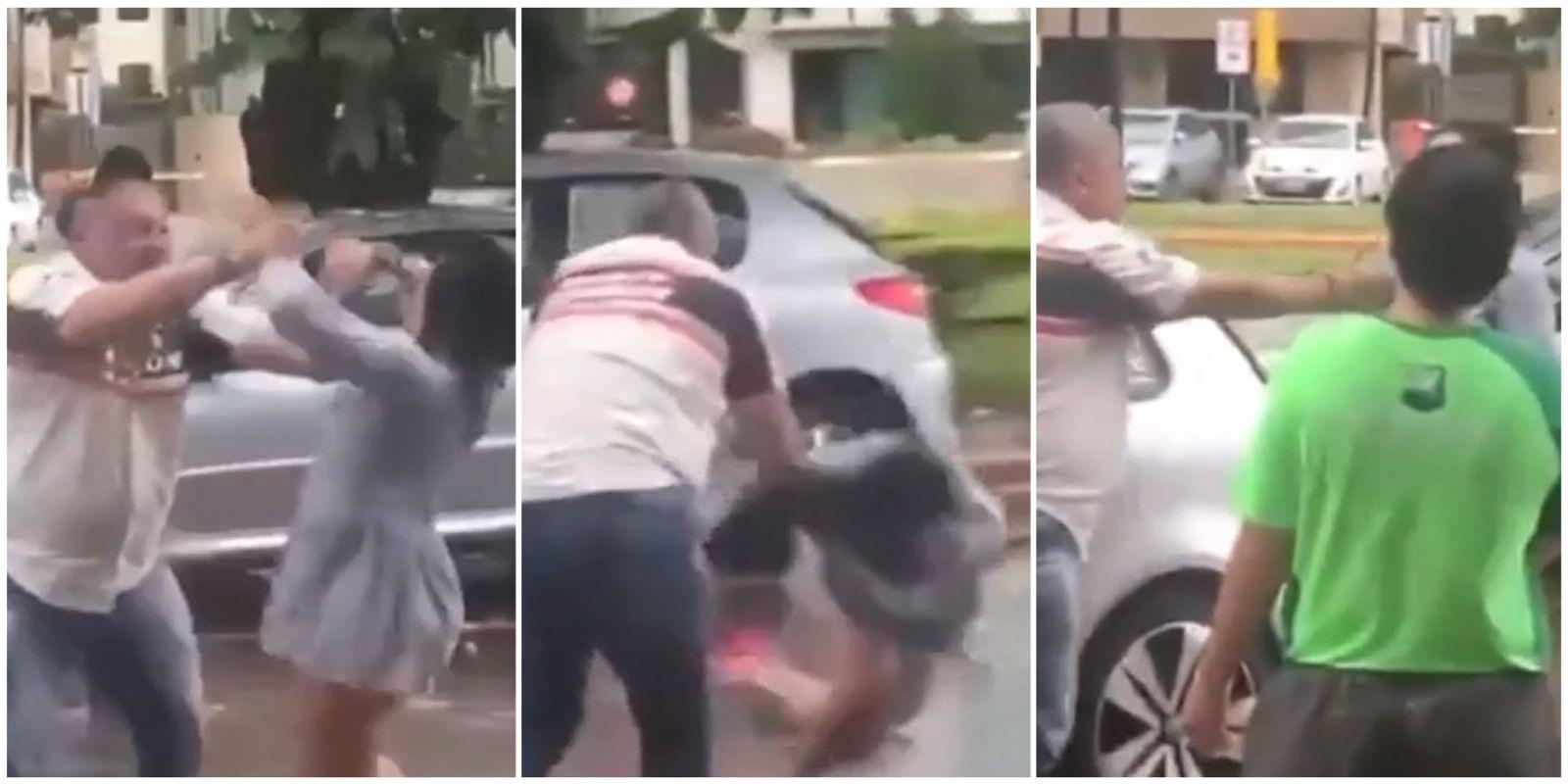 Montagem de três fotos mostra momento da agressão no estacionamento