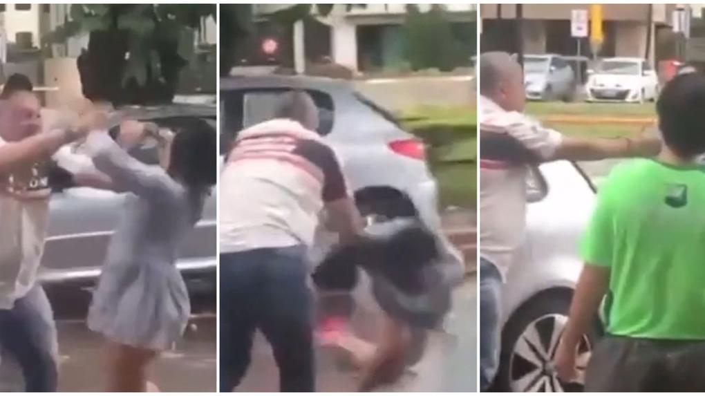 Montagem de três fotos mostra momento da agressão no estacionamento