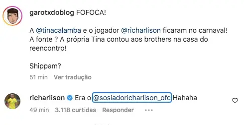 Richarlison desmente afirmação de Tina