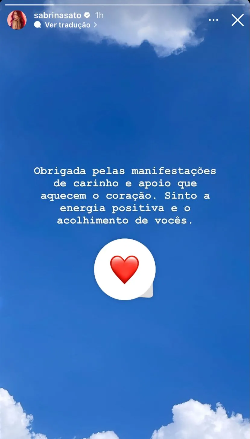 Sabrina publicou a postagem de agradecimento em seus 'Stories' do Instagram.