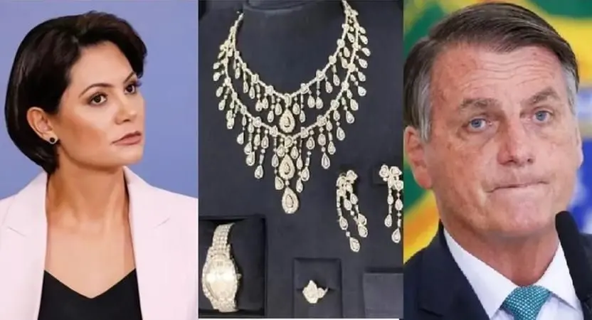 montagem com fotos de michelle bolsonaro, joia e jair bolsonaro