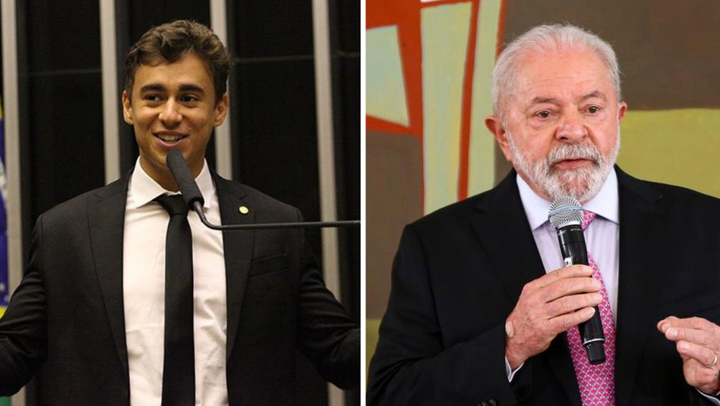 Montagem de fotos do deputado federal Nikolas Ferreira (PL) e do presidente Lula (PT)