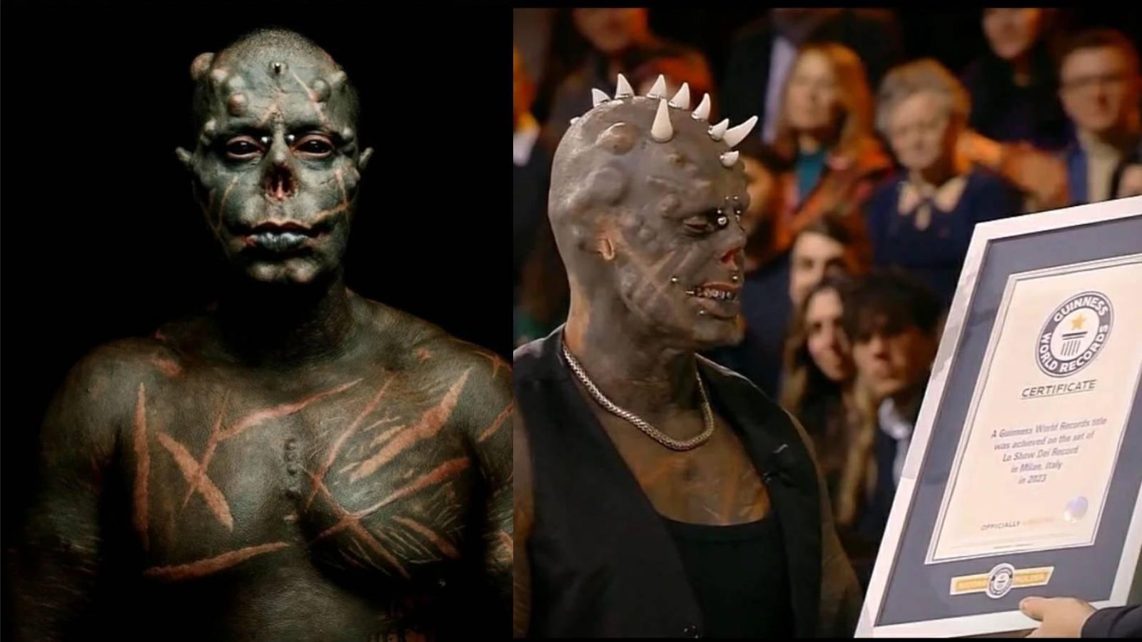 Montagem mostra tatuador conhecido como Diab&atilde;o recebendo t&iacute;tulo do Guinness