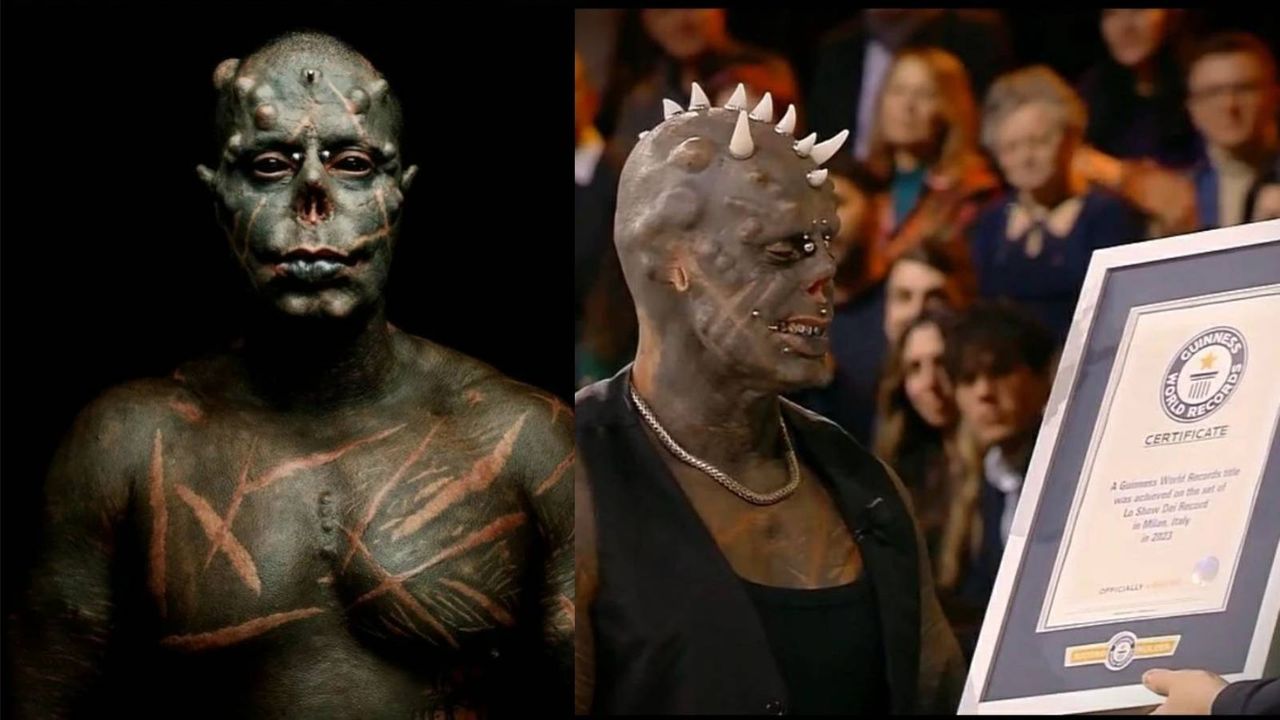 Montagem mostra tatuador conhecido como Diabão recebendo título do Guinness