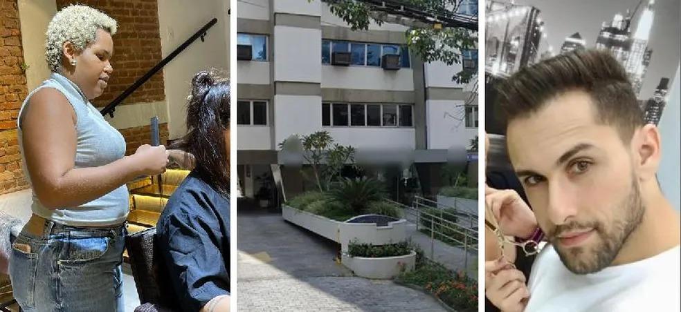 Montagem de fotos mostra Ana à esquerda, o salão de cabeleireiros no meio e Diego à direita.