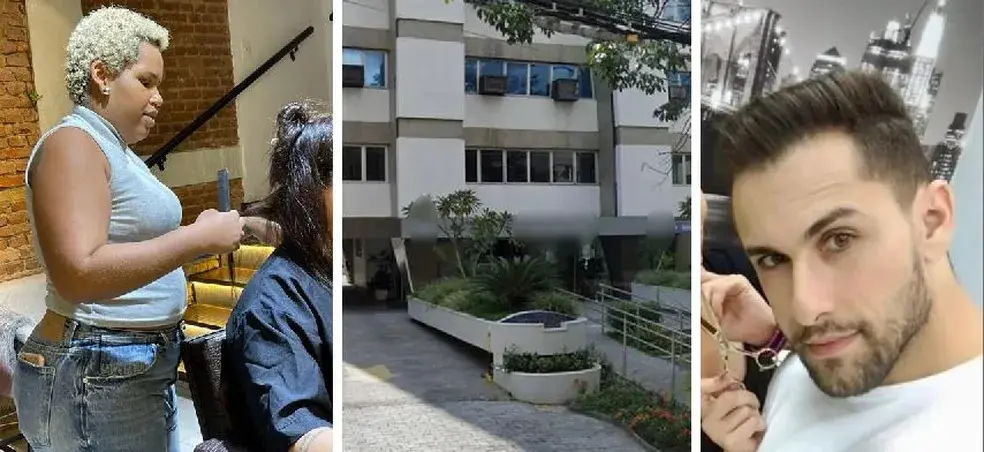 Montagem de fotos mostra Ana à esquerda, o salão de cabeleireiros no meio e Diego à direita.