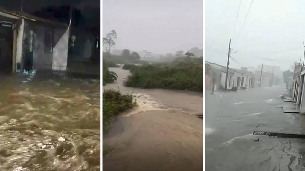 Montagem com três imagens mostra ruas de São Benedito alagadas após intensa chuva em 2 de abril de 2023